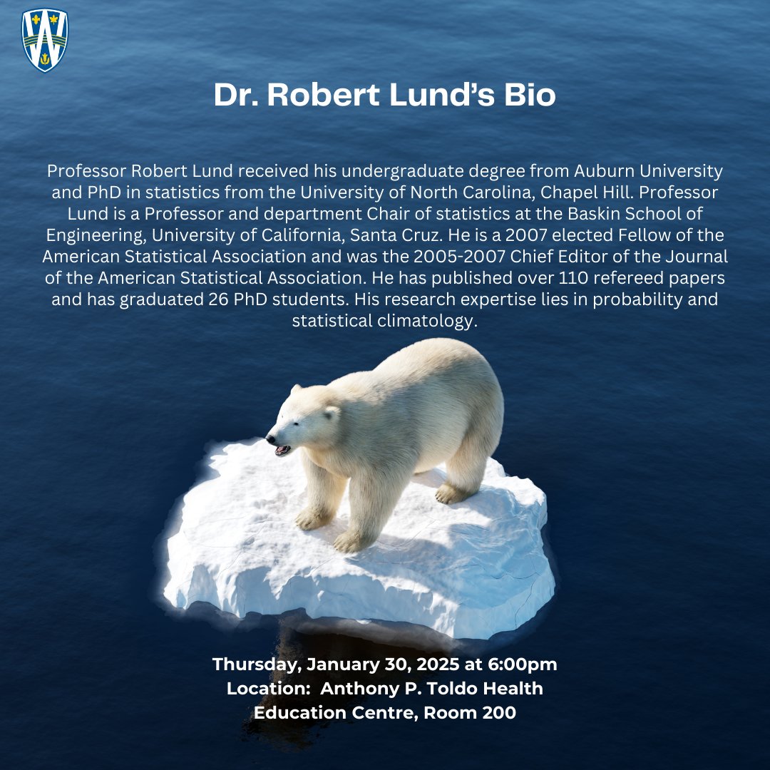 Dr. Robert Lund, Professor and Chair Department of Statistics from the University of California will hold his talk, “A Statistical View of Some Climate Change Controversies" on Thur, Jan 30, 2025 at 6 PM at the Anthony P. Toldo Health Education Centre, Room 200. All are welcome.