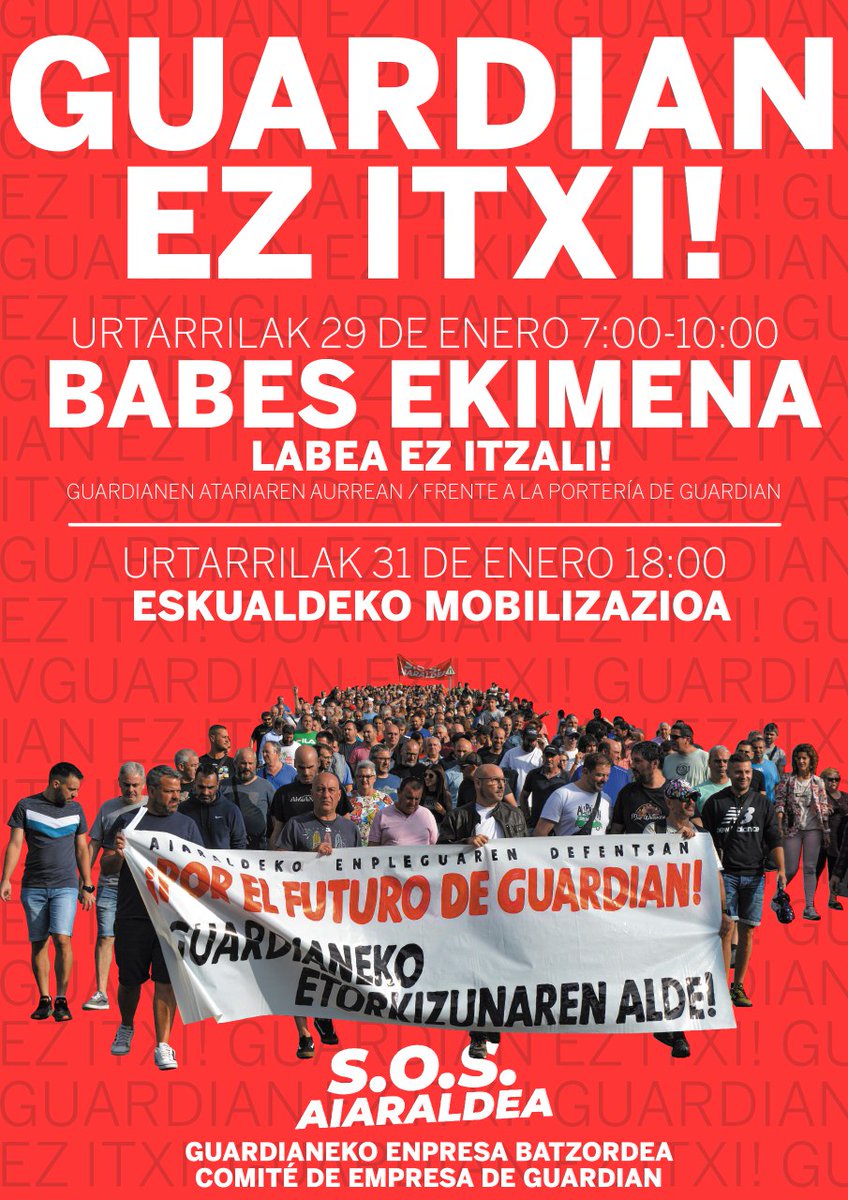 AiaraldeaGreba's tweet image. 🔴🔴🔴 ADI! 🔴🔴🔴

Asteazken honetan du Guardianek Laudioko lantegiko labea betirako itzaltzeko asmoa, baina aurrean izango gaituzte

👇👇👇👇

🔊 BABES EKIMENA 🔊
Labea ez itzali! 

🗓️ Urtarrilak 29

🕖 7:00-10:00

📍 Guardianen atarian 

Aiaraldea defenda dezagun! ✊