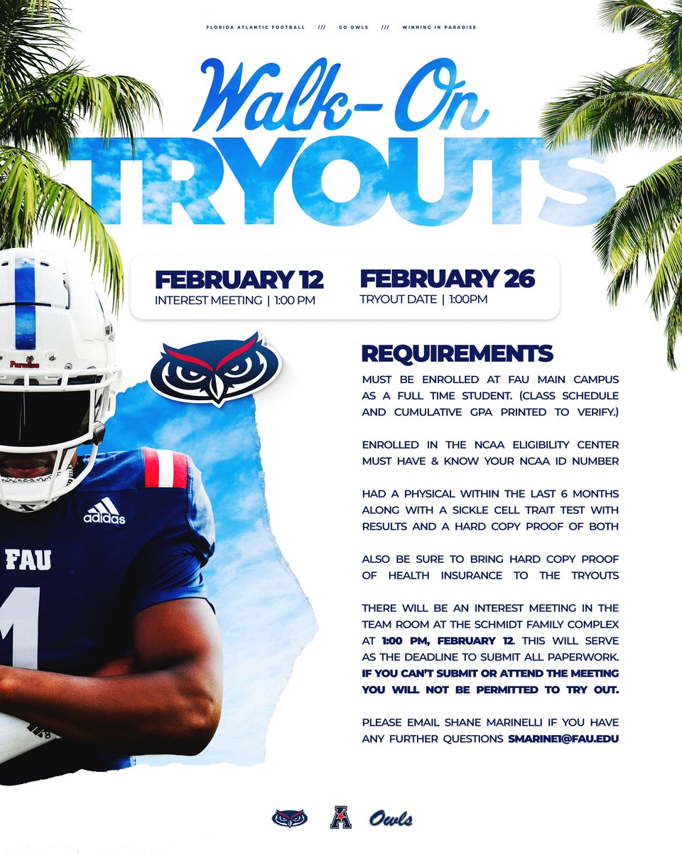 FAU Football Walk-On Tryouts 🏈

⬇️ See below for more details! 

#WinningInParadise