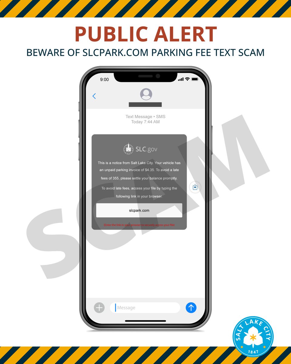 ALERT: A parking scam via text is asking for payment on a fake Salt Lake City invoice. It’s not from us—delete and don’t engage. No city systems were compromised. Similar scams are happening nationwide. Spread the word! More info at bit.ly/3PSmIcL