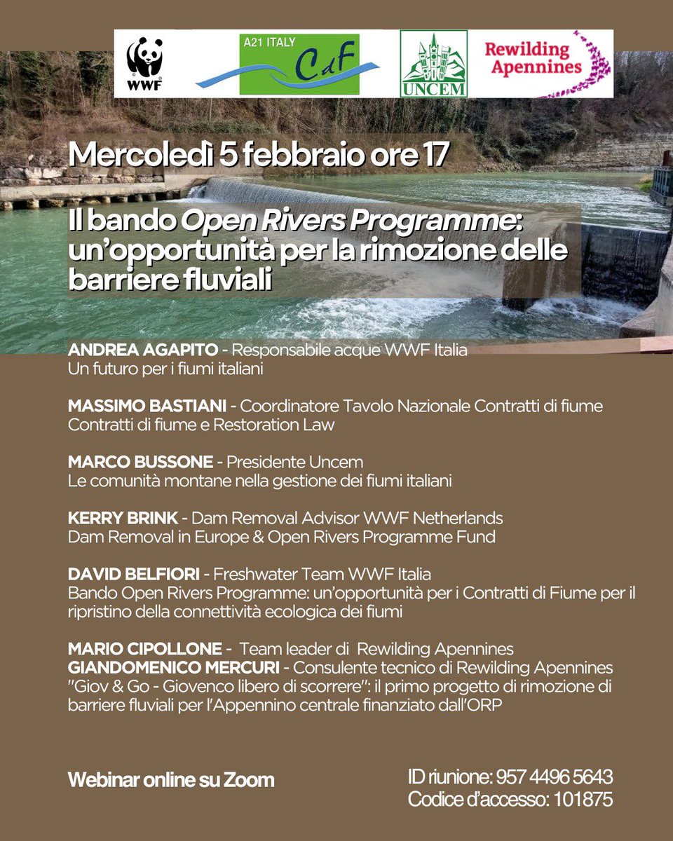 WWF, Tavolo Nazionale dei Contratti di Fiume e UNCEM organizzano per il 5 febbraio alle ore 17.00 un webinar per illustrare il bando dell'Open Rivers Programme, un'opportunità per la rimozione delle barriere fluviali e il ripristino della naturalità 
wwf.zoom.us/j/95744965643?…