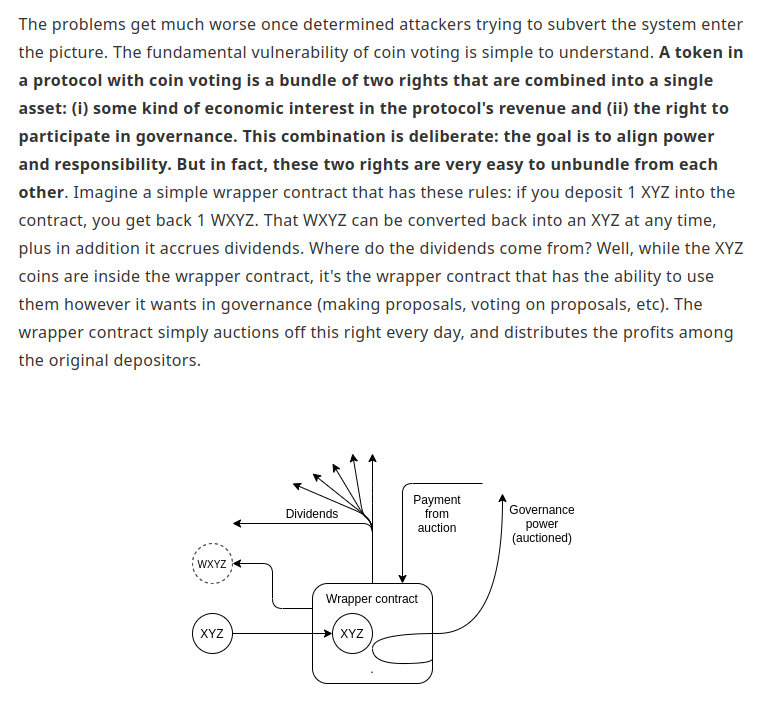 vitalik.eth (@vitalikbuterin) on Twitter photo Re-upping my article from 2021 addressing this, and some possible solutions:
vitalik.eth.limo/general/2021/0…
<a href="/_futarchy/">Futarchy</a> is one example of category 3 (skin in the game for governance). There's still a bribeable governance layer for the utility function, but at least it's more indirect Re-upping my article from 2021 addressing this, and some possible solutions:
vitalik.eth.limo/general/2021/0…
<a href="/_futarchy/">Futarchy</a> is one example of category 3 (skin in the game for governance). There's still a bribeable governance layer for the utility function, but at least it's more indirect
