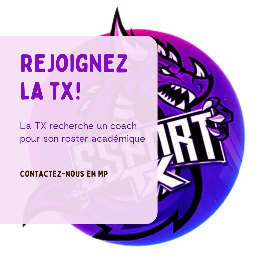 🟣⚪️TX E-Sport recrute 💼
Notre roster RL Académique est à la recherche de son coach ! 🏎️
Ce que nous cherchons : 
🔹Analyse des perfs équipe/solo
🔹Bonne connaissance du jeu
🔹+18 ans
🔹Dispo min. 3x/sem
📩Nos DM sont ouverts
#RocketLeague #Esport #Coaching #TXEsport #Victory