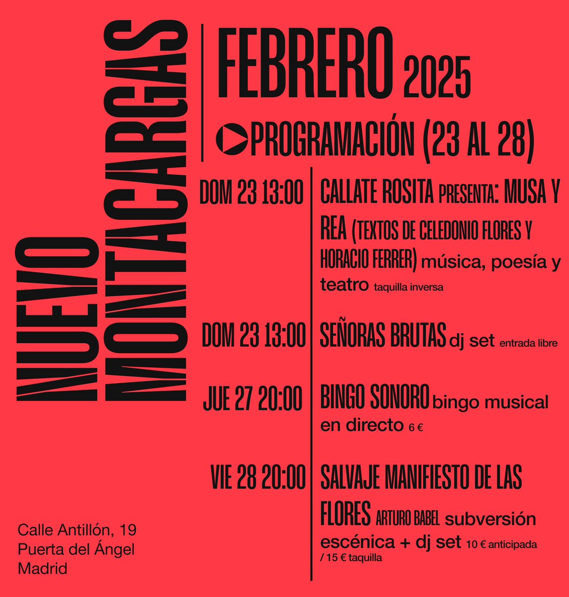 Programación de febrero 2025 #NuevoMontacargas 
Cumplimos 2 años 🎂
📍C/ Antillón, 19