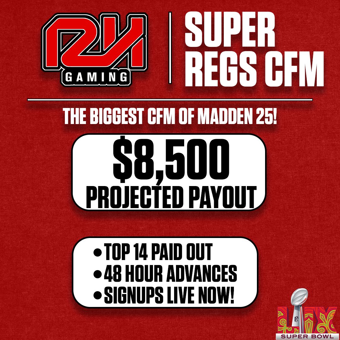 RedHotGaming_'s tweet photo. With the Madden Bowl and Super Bowl upcoming, it’s time for the Super Regs CFM🔥

- $6,000 Guaranteed MINIMUM Payout
- Projected $8,500 Payout 
- Signups are live NOW

🫡 Join with the link in comments