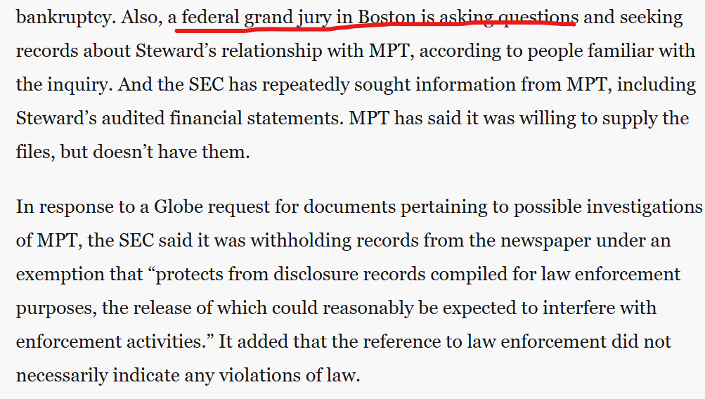 manoleteRe's tweet photo. @REITR0B1424 @deadbrain44 At Manolete, we would add that not only did the SEC confirm an active investigation of $MPW to the Globe, but they also reported on the existence of a Federal Grand Jury Investigation 

We don't recall seeing disclosure of either in the Risk or Legal sections of the filings https://t.co/hBqZLhuS67