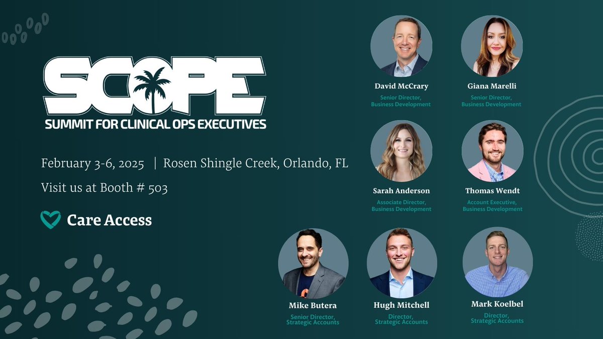 Care Access (@care_access_) on Twitter photo Care Access will be attending the <a href="/SCOPEsummit/">SCOPE Summit</a> for Clinical Ops Executives from February 3-6th in Rosen Shingle Creek, Orlando, FL.
Join Care Access Co-Founder, Ralph Passarella on Wednesday as he presents Future of Medicine Community Health Screening: A Revolutionary Approach Care Access will be attending the <a href="/SCOPEsummit/">SCOPE Summit</a> for Clinical Ops Executives from February 3-6th in Rosen Shingle Creek, Orlando, FL.
Join Care Access Co-Founder, Ralph Passarella on Wednesday as he presents Future of Medicine Community Health Screening: A Revolutionary Approach