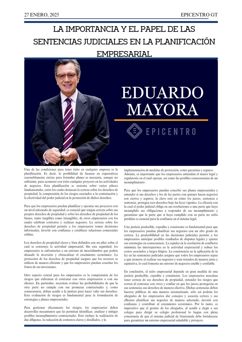EpicentroGuate's tweet photo. #OpiniónEpicentro @Vientomares: Los empresarios necesitan tener certeza de sus derechos de propiedad, entender los riesgos que corren al contratar con otros y confiar en que los jueces protegerán en sus sentencias sus derechos de manera efectiva. https://t.co/CUTNuM8sMo