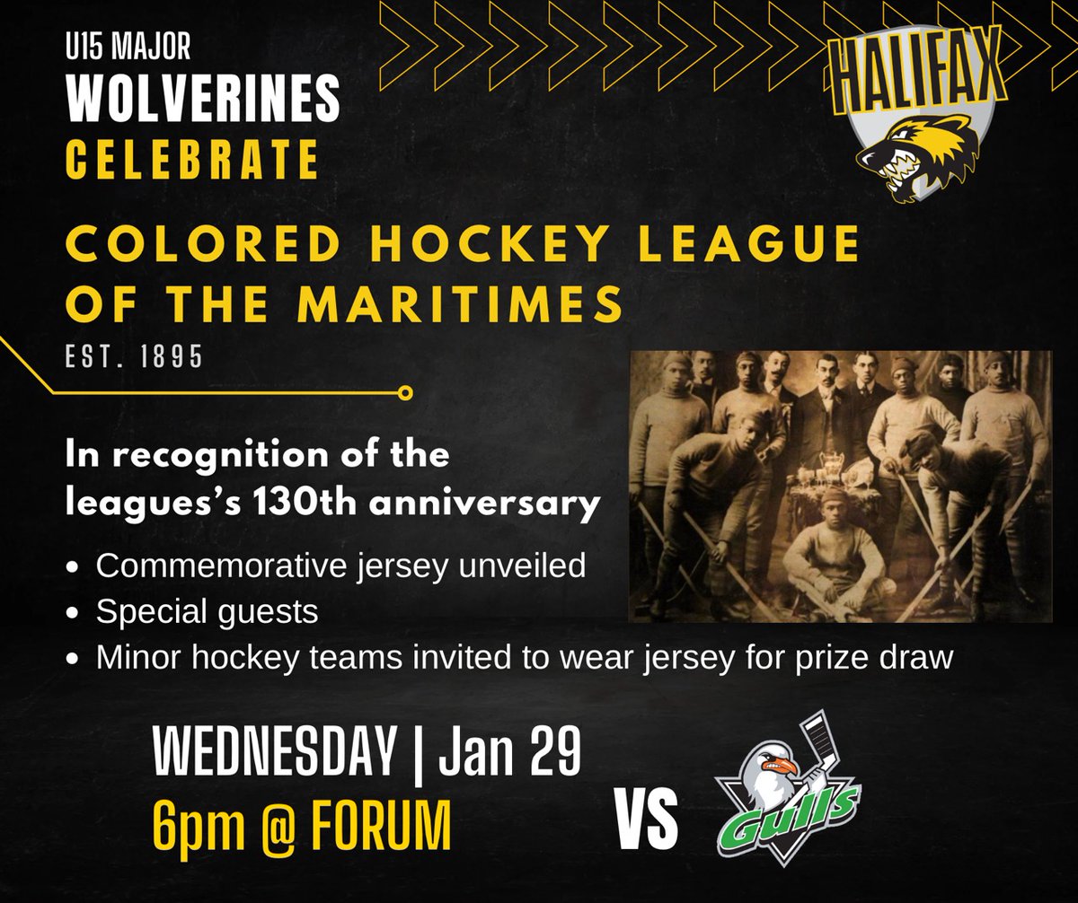 During our January 29th game, we will celebrate the Colored Hockey League of the Maritimes (CHL) and the significant contributions to hockey in our region and beyond. Minor players in their jersey are free and we also have 40 plus door prizes that will be drawn for. Come join us!