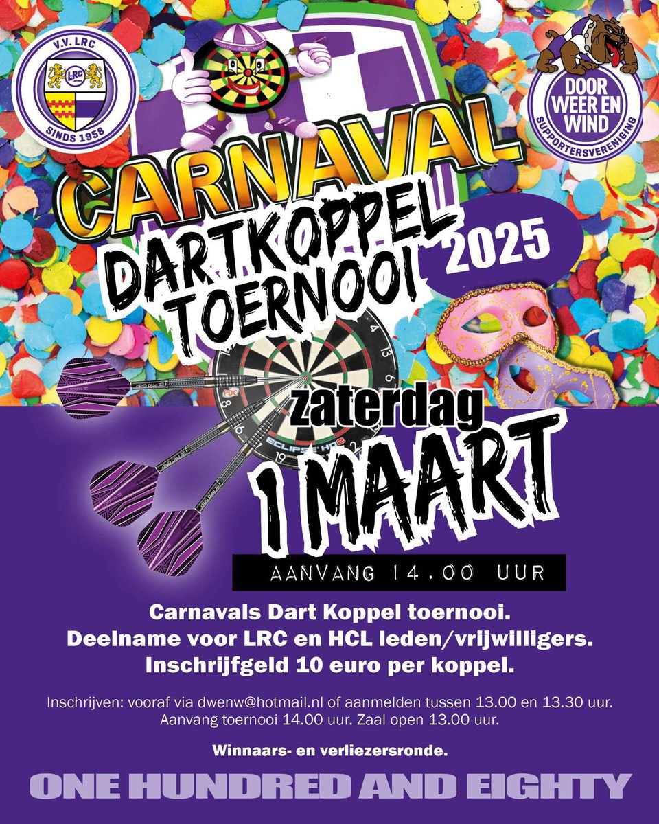 Carnaval Dart-koppel toernooi

📆 Zaterdag 1 maart
📌 Glaspark
🕝 14.00 uur