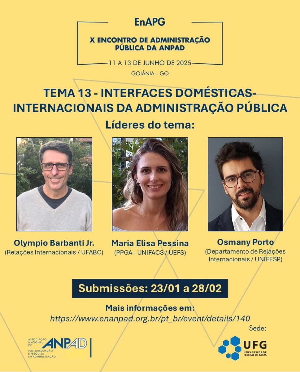 🚨 Submissões abertas! Participe do X EnAPG 2025 (11 a 13/06, UFG, Goiânia). 
Tema 13: Interfaces domésticas-internacionais da administração pública. Envie artigos teórico-empíricos, ensaios ou tecnológicos até 28/02/2025. 
🔗 Mais info: enanpad.org.br/pt_br/event/de…