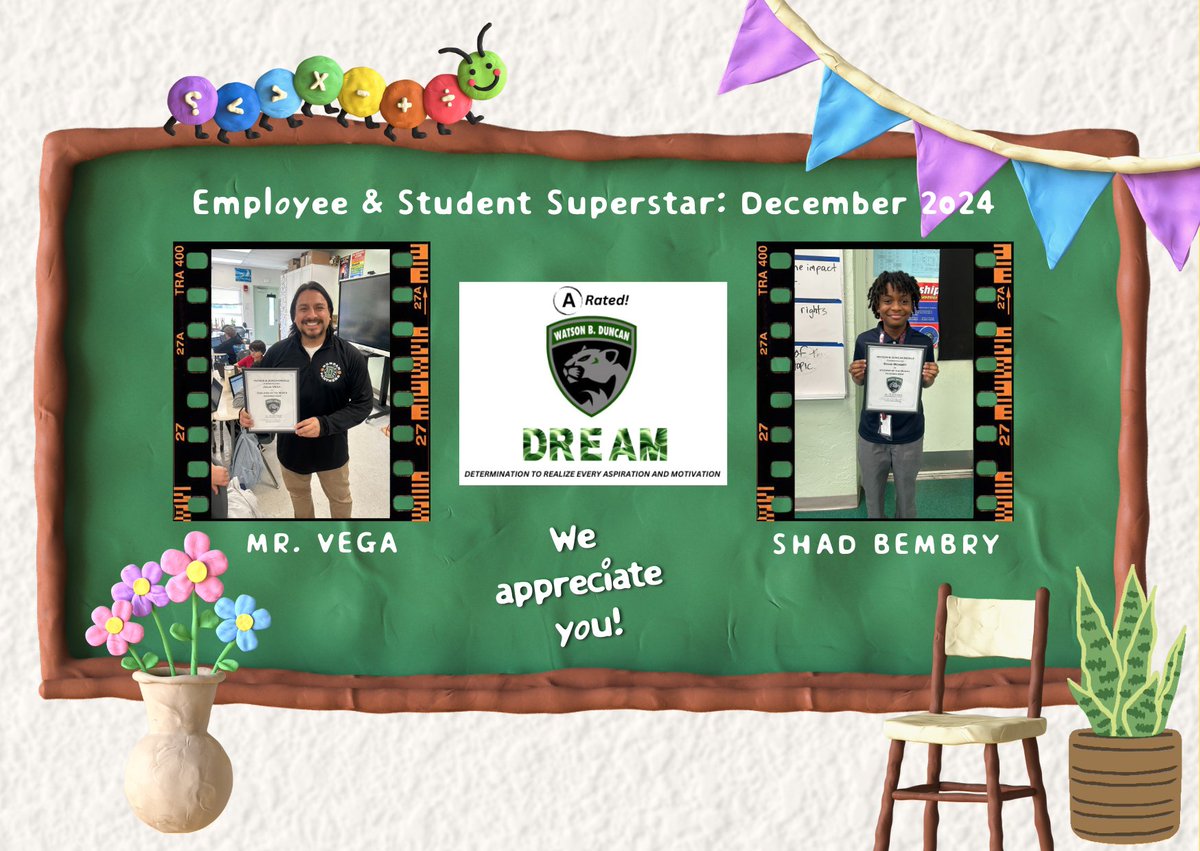 duncan_middle's tweet photo. Let's applaud our Superstars for their determination to succeed everyday!  Employee: Mr. Julio Vega / Student: Shad Bembry (7th grader) for December 2024 💚@duncanpto @Area4SuptPBCSD @JulioVegaDMS https://t.co/iyW09N45eN