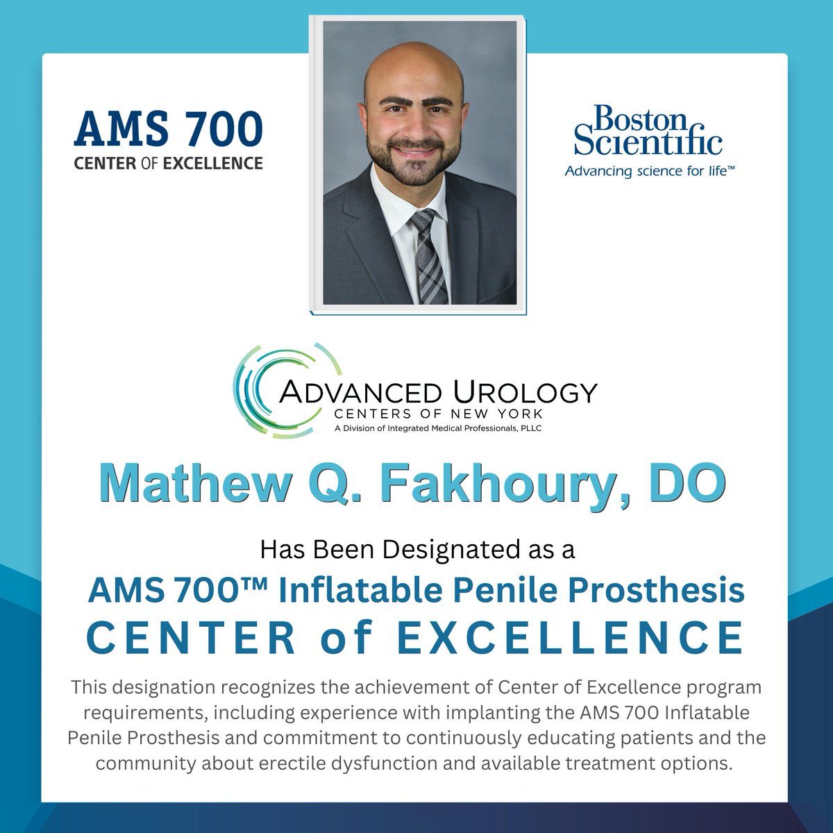 Congratulations to Mathew Q. Fakhoury, DO of AUCNY for being recognized as one of only 3 physicians in the US—the only one in New York—designated as a Ctr of Excellence for AMS 700 and Rezum Water Therapy!
#CenterOfExcellence #MensHealth #RezumTherapy #AMS700 #DrMathewFakhoury