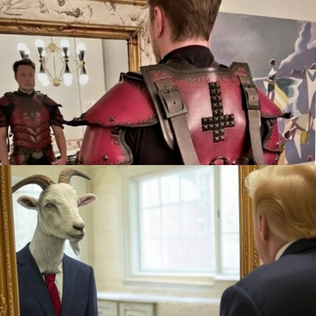 Very interesting symbolism...Elon stands in front of the mirror with the baphomet on his chest and Trump Jr. shares a photo of Trump standing in front of a mirror with a goat...