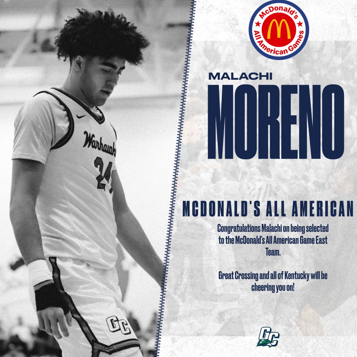 GCwarhawksbball's tweet photo. Congratulations to Warhawk senior center Malachi Moreno on his selection to the McDonald’s All American Game. 
@McDAAG https://t.co/MYatTni023