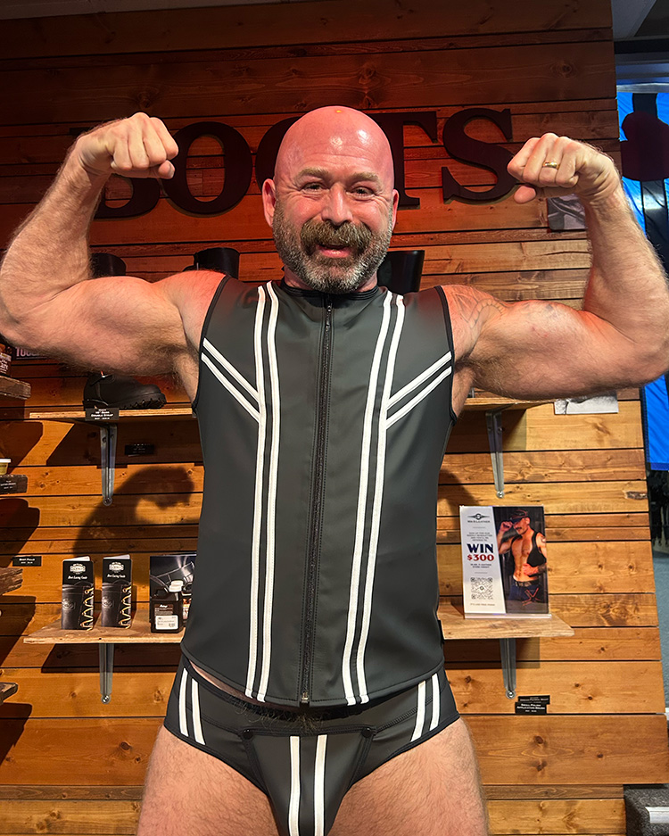 💪 Brandon's looking ready to take charge in our latest Mr. S Leather F***Gear! 🔥 Check out those arms! This vest and jock combo is perfect for showing off your strength and confidence. 😉 Available in multiple colors in store and online. #leather #gear #mrSleather