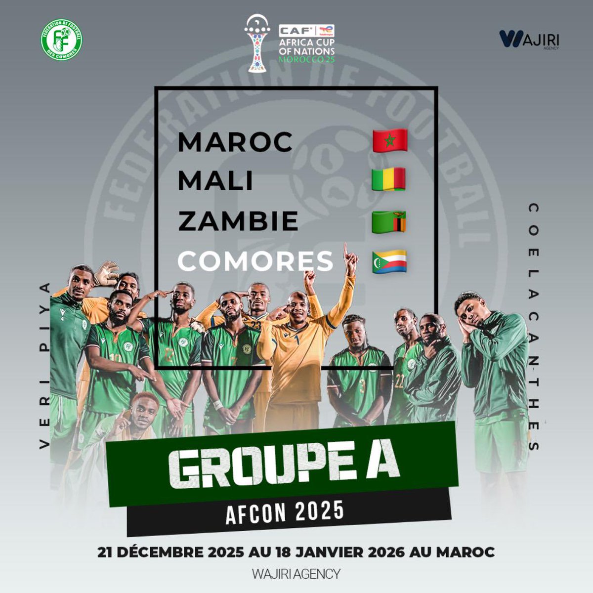 #CAN2025 🏆🇰🇲

 OFFICIEL : Les Cœlacanthes connaissent leurs adversaires pour la CAN 2025 ! ⚔️

Un défi de taille, mais rien n’est impossible avec le soutien de tout un peuple ! 🔥
Rendez-vous le 21 décembre au Maroc !

 #CAN2025 #Cœlacanthes #Football 
#AFCON2025MAROC