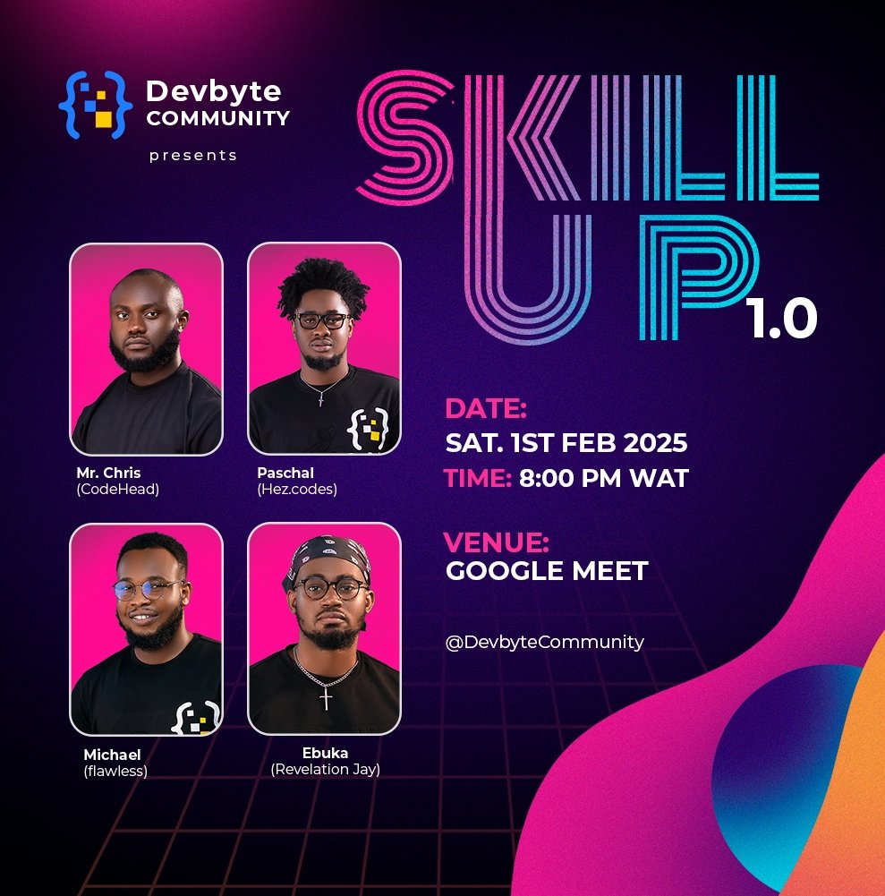 chriscodehead's tweet image. 🌟 Join Us for Skill Up 1.0! 🌟

🗓 Date: February 1st
⏰ Time: 8 PM
🕒 Time Zone: Africa/Lagos
📍 Venue: Google Meet
Topic: Skill Up 1.0
🔗 Register Here: forms.gle/5zZRqrMXUsUrAm…
🎥 Google Meet Link: meet.google.com/urt-okfs-yng

Let’s learn, connect, and grow together! 🚀
#SkillUp1