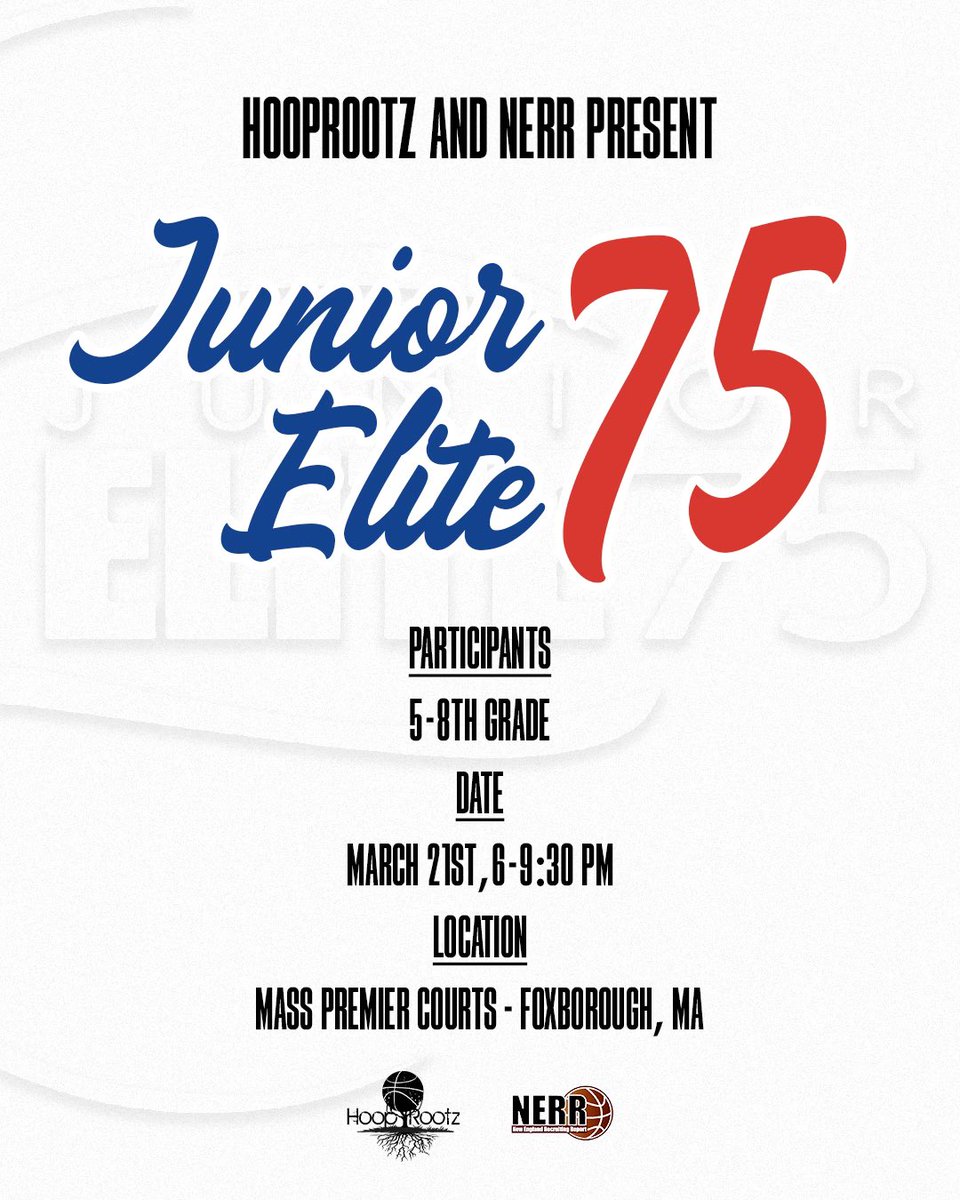 The Junior Elite 75 makes its return on March 21st!

Come showcase your game in front of our HoopRootz and <a href="/NERRHoops/">New England Recruiting Report NERRHoops</a> scouts as well as high level prep school coaches! 📈

Link to register: hooprootz.tv/events/junior-…

#JE75