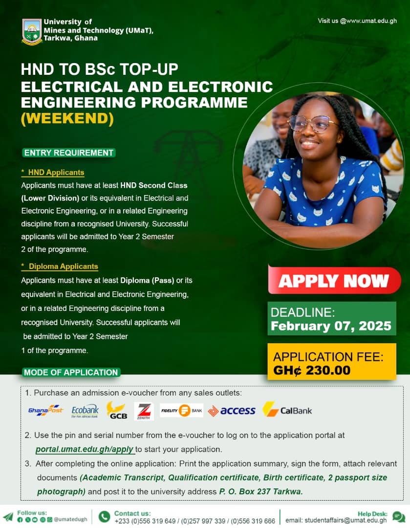 Applications are currently open for HND to BSc Top-Up Programme in Electrical and Electronic Engineering.