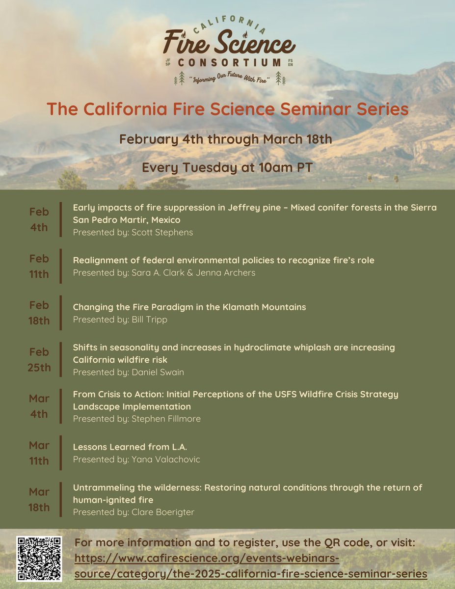 SWfirescience's tweet image. Check out @CaFireScience&apos;s 2025 Webinar series! 
cafirescience.org/events-webinar… #wildfire #fireecology #fireadapted