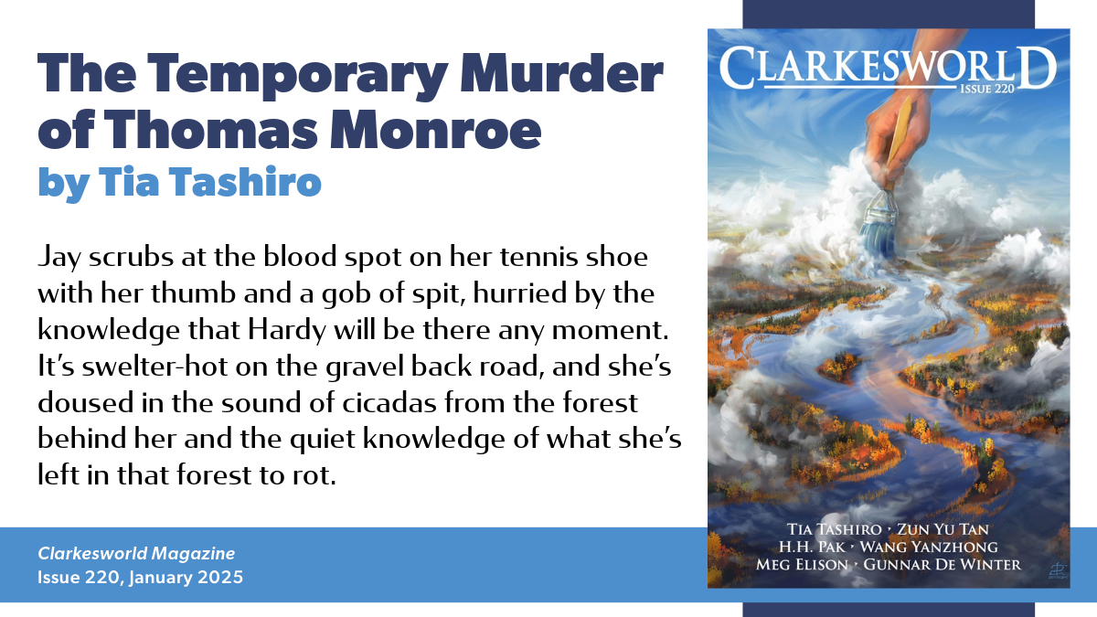 Now on the Clarkesworld podcast:
"The Temporary Murder of Thomas Monroe" by Tia Tashiro, narrated by Kate Baker
Audio: clarkesworldmagazine.com/audio_01_25c/
Text: clarkesworldmagazine.com/tashiro_01_25/