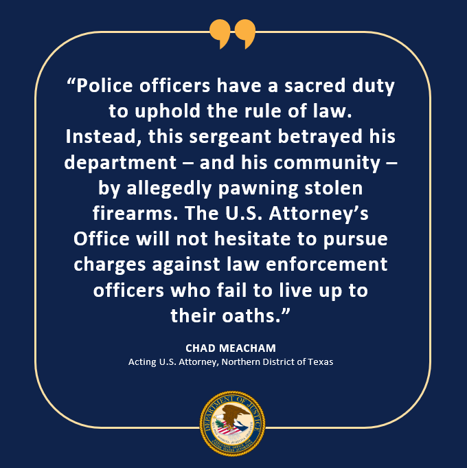 NDTXnews's tweet image. A police sergeant who allegedly sold stolen service weapons has been indicted on federal gun charges:
justice.gov/usao-ndtx/pr/d… w/ @ATFDallas