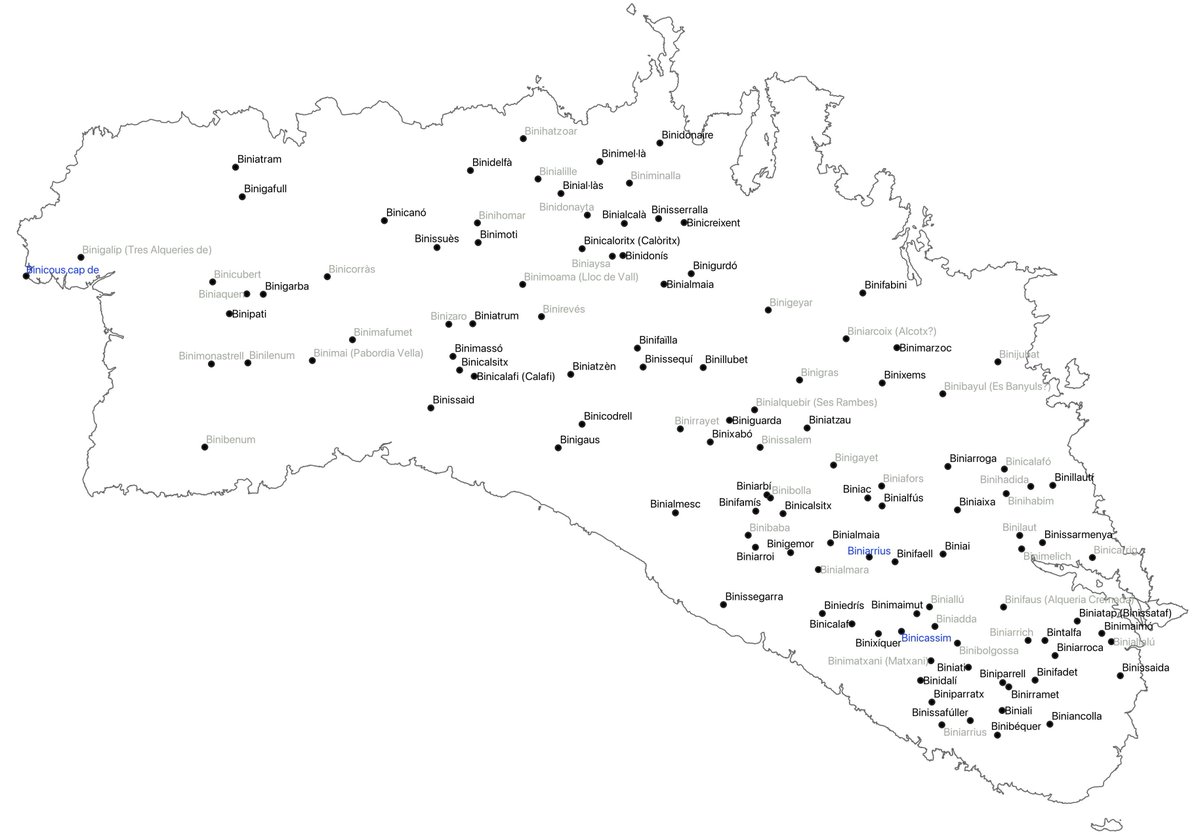 119 topònims antics de Menorca que comencen en Bini (qualcuns antes com Beni). Una versió actualitzada i més neta, del mapa d’en J. Mascaró i Passarius (2004). Solament els noms principals, no hi ha diminutius ni altres derivats. La majoria són de llocs, estàncies o rafals. +