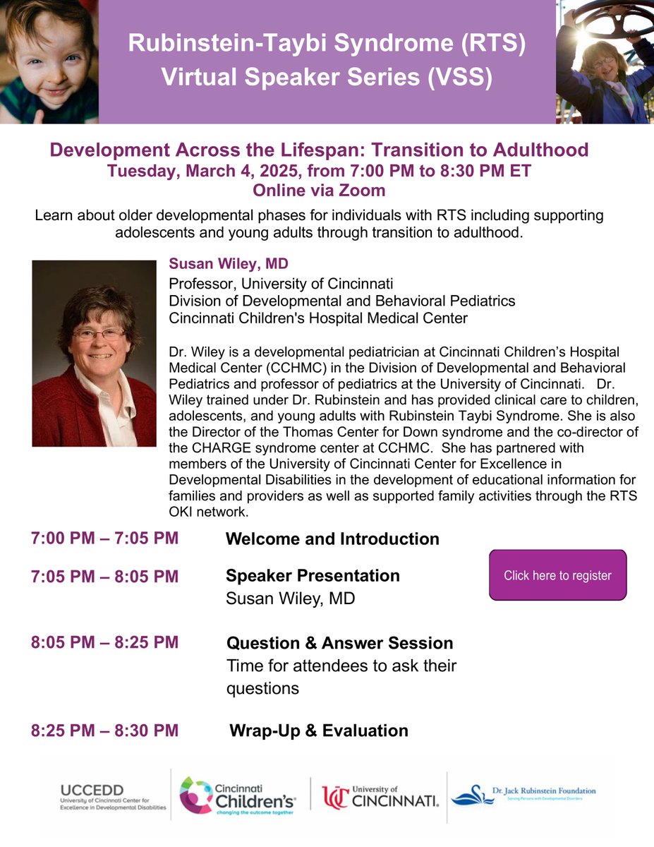 Save the Date! Join us for the RTS Virtual Speaker Series: Development Across the Lifespan: Transition to Adulthood

March 4, 2025 | 7–8:30 PM ET | On Zoom

Featuring Dr. Susan Wiley, expert in RTS &amp; developmental care.

Register now: us02web.zoom.us/meeting/regist…