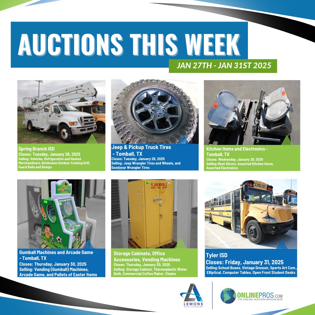 auctionpros's tweet photo. Take a peek at what's happening this week on Online Pros!👀

⚠️ Warning! ⚠️ There are some great finds:  https://t.co/6S5RPKEQbv

#TexasAuctions #Lemons #OnlineAuction https://t.co/ZUyzhO46AM