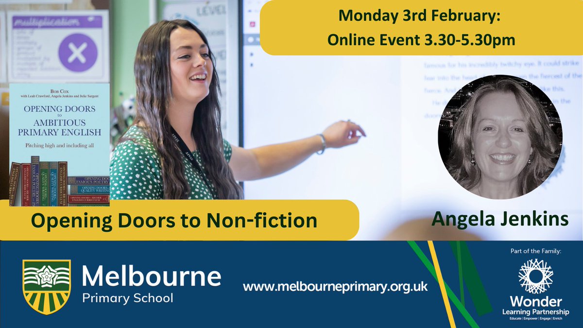 Wonder Institute of Education (@wonder_ioe) on Twitter photo One week to go: We are very excited to welcome
<a href="/MuchAdoALJ/">Angela Jenkins</a> Angela Jenkins Monday 3rd February to host our #OpeningDoors CPD session on raising standards in English using non-fiction texts. To book your place: eventbrite.co.uk/e/115191398874…… #cpd #primaryenglish #teachertraining One week to go: We are very excited to welcome
<a href="/MuchAdoALJ/">Angela Jenkins</a> Angela Jenkins Monday 3rd February to host our #OpeningDoors CPD session on raising standards in English using non-fiction texts. To book your place: eventbrite.co.uk/e/115191398874…… #cpd #primaryenglish #teachertraining