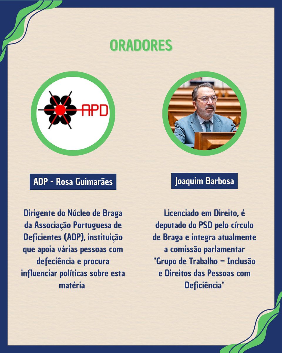 🗳️ Conversa Aberta: Participação Política e Representatividade de Pessoas com Deficiência no dia 26 de fevereiro, às 15h30, no Auditório DST (EEG/EDF8)

💡 Inscreve-te na EEG Generating Skills para obteres créditos e junta-te a este debate sobre inclusão e cidadania! 🌟