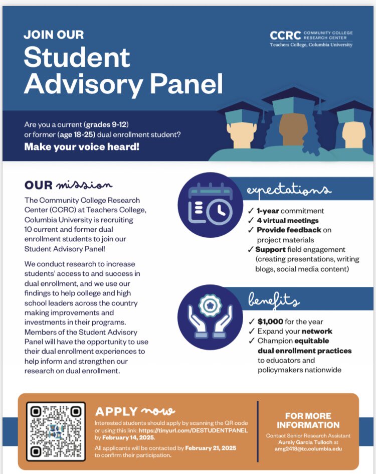WCC_DualEnroll's tweet photo. Are you a current DE student or a former DE student who recently graduated?
If so, please consider applying to be a part of the CCRC at Teachers College, Columbia University Student Advisory Panel!
Use the QR code to apply. Deadline is Feb. 14.

#wccdualenrollment https://t.co/JCD5THmz9R