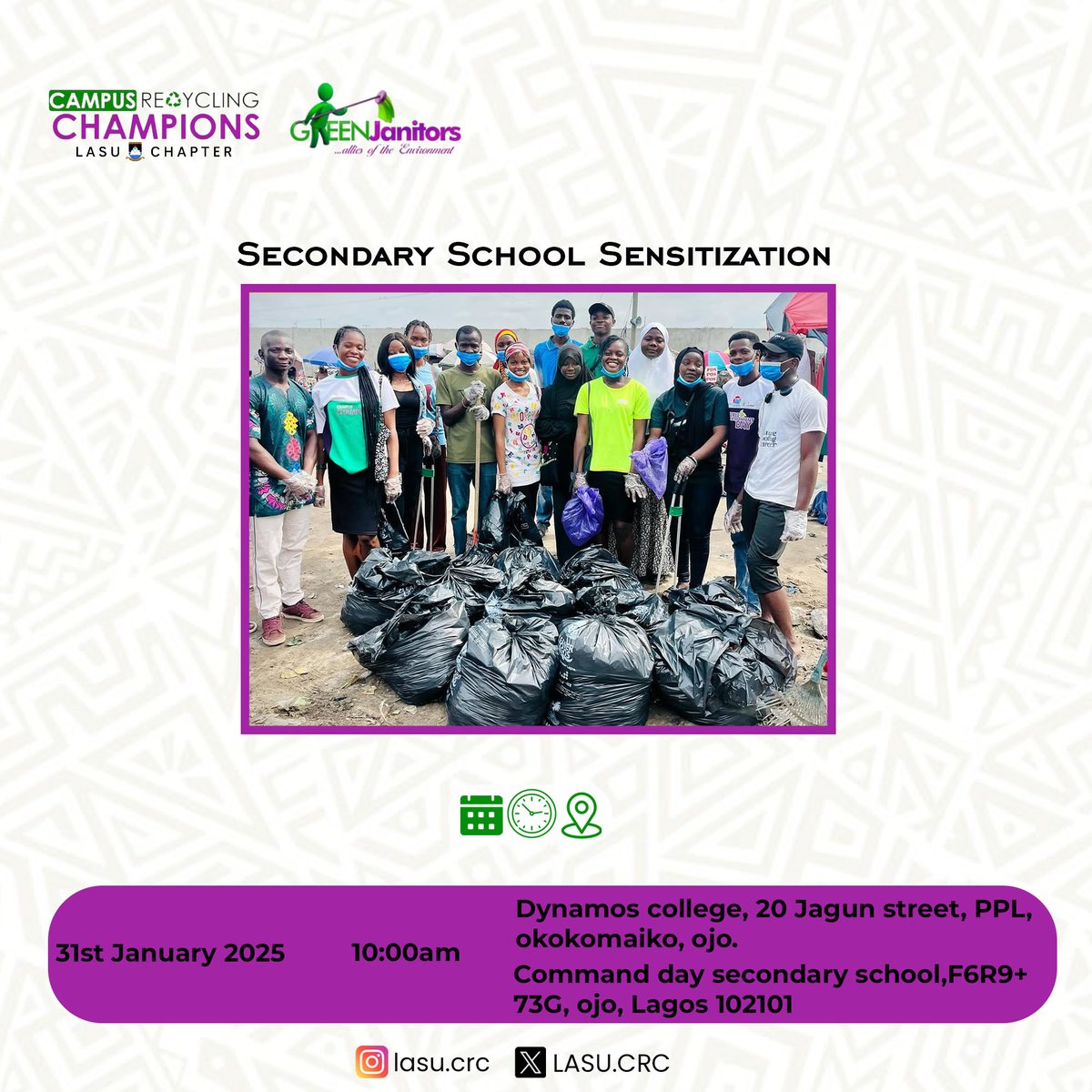 Creating a greener future begins with raising awareness! 🌍 Join Campus Recycling Champions, LASU on a Secondary School Sensitization program. 
Together, let's inspire young minds to embrace sustainability and care for the environment. 
#sustainability #greenfuture #crclasu