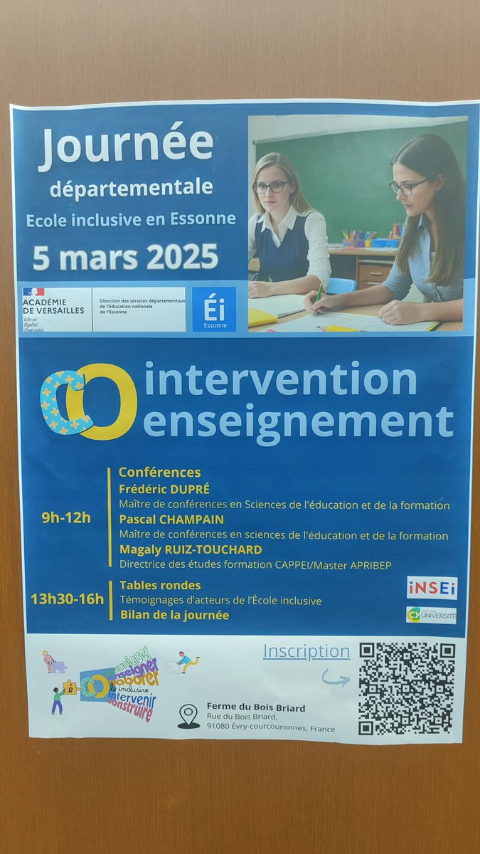 Journée départementale École Inclusive sur la thématique de la co-intervention et du co-enseignement,une journée riche en conférences et témoignages d'acteurs. Il reste quelques places pour s'inscrire. <a href="/acversailles/">Académie de Versailles</a> <a href="/matthieu_lahaye/">Matthieu Lahaye</a> <a href="/SebastienMounie/">Sébastien Mounié</a> <a href="/ASHEssonne/">Ressources Ecole inclusive</a>   <a href="/champroux10/">Béatrice Champroux</a>