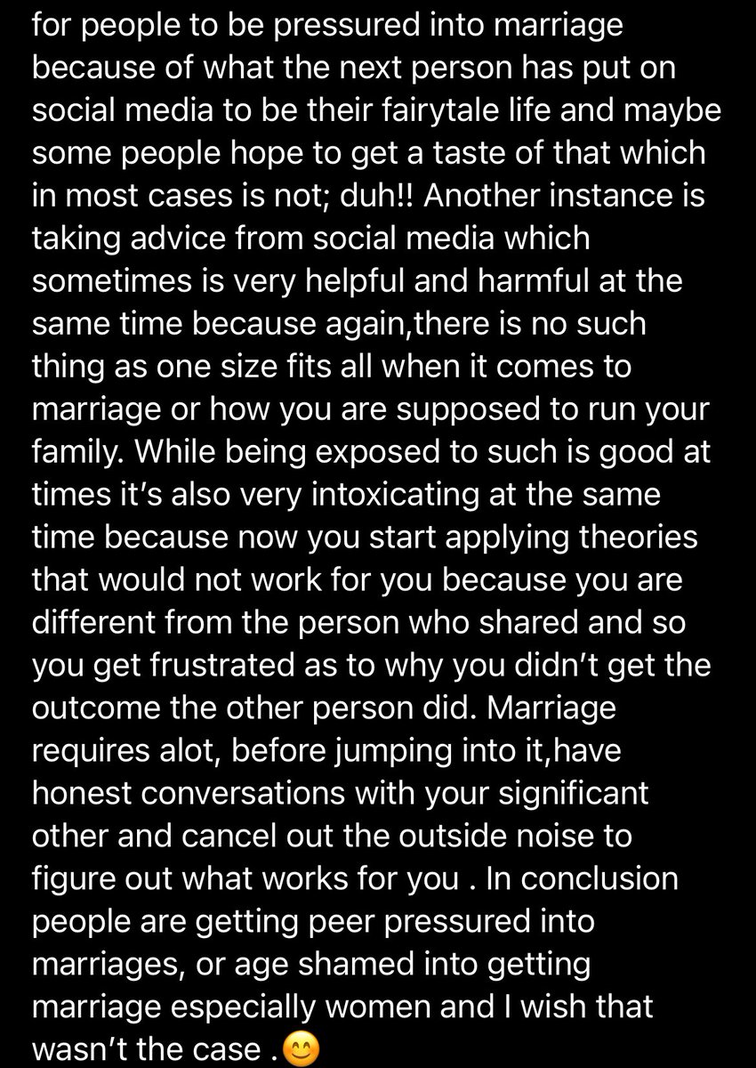 My best friend (<a href="/MsAidaMk/">cityzenx</a>) left this comment on the blog and I think it’s one important thing to share.

If you haven’t read it yet, I recently wrote on challenges that modern Malawian marriages are facing with lenses on marriages of convenience etc

thelouisamsiska.com/challenges-in-…