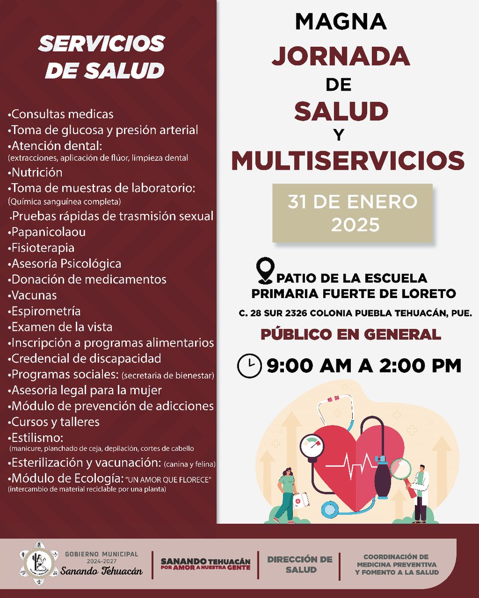 gobdetehuacan's tweet photo. El próximo 31 de enero de 2025, te esperamos en el Patio de la Escuela Primaria Fuerte de Loreto (C. 28 Sur 2326, Colonia Puebla, Tehuacán, Pue.) para disfrutar de una amplia gama de servicios gratuitos enfocados en tu bienestar. 🩺✨
#GobiernoMunicipal https://t.co/rrarZ27doc