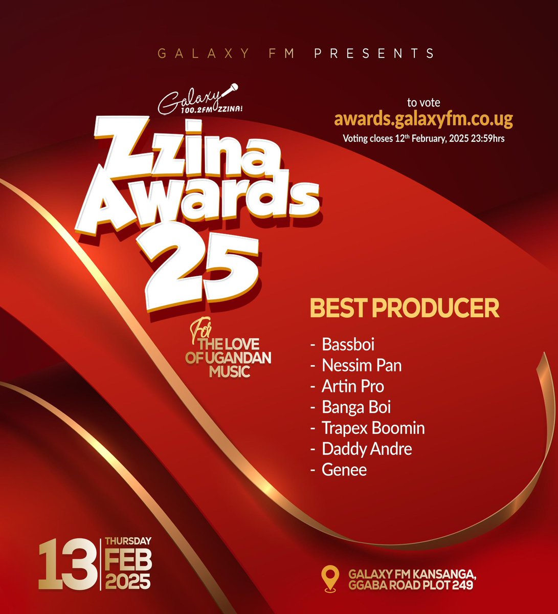 GalaxyFMUg's tweet photo. Vote for your best Producer via https://t.co/KyxnPPFK98 

#ZzinaAwards25 | #ForTheLoveOfUgandanMusic https://t.co/jm2eMdlz24