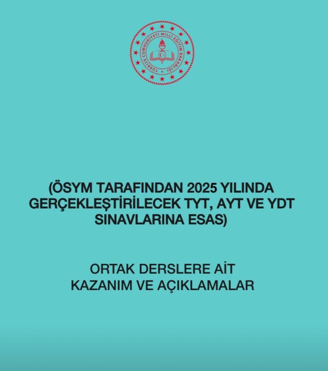 📢 ÖSYM tarafından 2025 yılında gerçekleştirilecek "Yükseköğretim Kurumları Sınavı (YKS)"na esas derslere ait konu ve kazanımlar belirlenmiştir.

🔗 meb.ai/BoK4PQ

<a href="/tcmeb/">Millî Eğitim Bakanlığı</a> <a href="/Yusuf__Tekin/">Yusuf Tekin</a> 
<a href="/MucahitYentur/">Murat Mücahit Yentür</a>