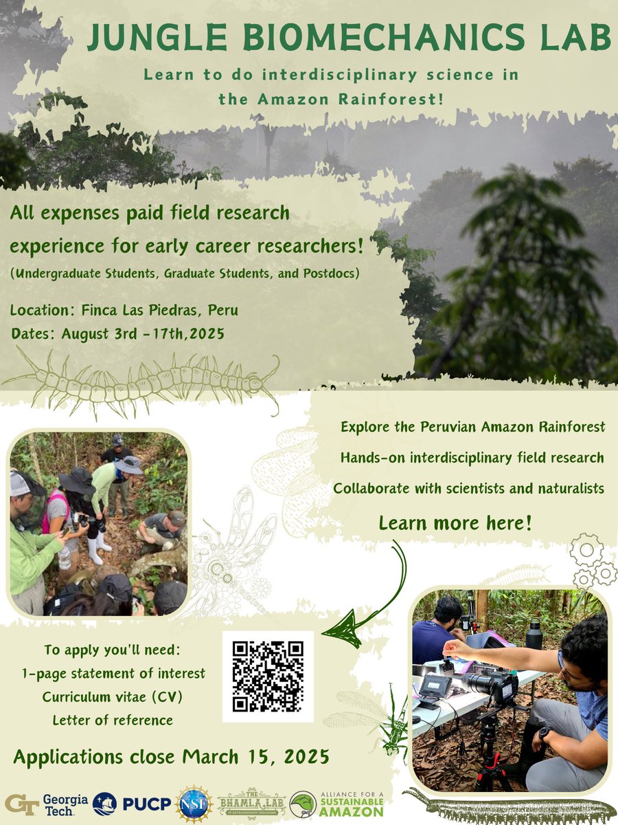 Applications for the in-situ Jungle Biomechanics Lab are now open! Learn to do interdisciplinary field research in the Peruvian Amazon Rainforest!

All expenses covered! Open to all early career researchers! bhamla.gatech.edu/project-blog/j…