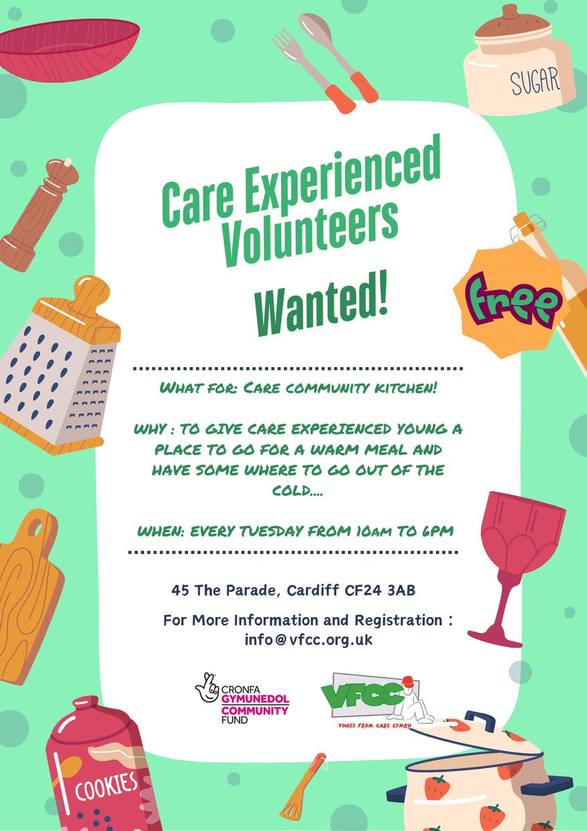 Starting from the 4th of February until April the 1st we will be running a Care Community Kitchen in the VFCC office every Tuesday between 12-5PM for a warm space and a  warm hearty meal for Care Experienced people struggling through the winter months.

See below for more info!