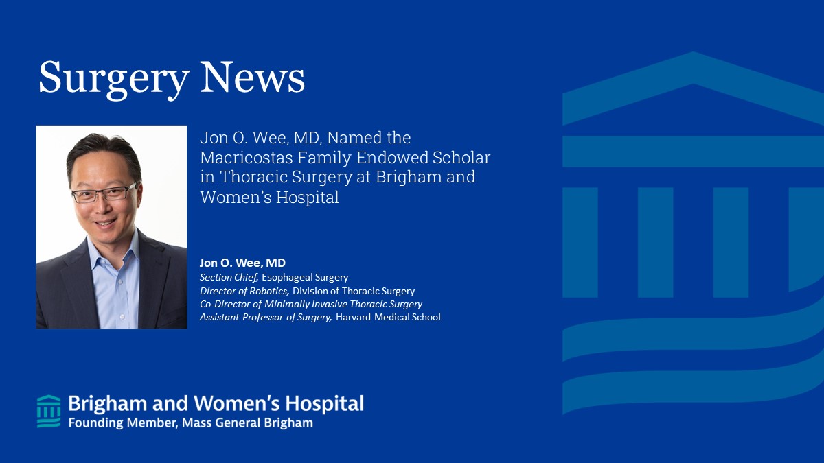 Brigham and Women’s Department of Surgery (@brighamsurgery) on Twitter photo Congratulations to Dr. Jon Wee who has been named the Macricostas Family Endowed Scholar in Thoracic Surgery <a href="/BrighamWomens/">Brigham and Women's Hospital</a> ! <a href="/BrighamThoracic/">Brigham and Women's Thoracic Surgery</a>
Read more>> bit.ly/3PQAcph Congratulations to Dr. Jon Wee who has been named the Macricostas Family Endowed Scholar in Thoracic Surgery <a href="/BrighamWomens/">Brigham and Women's Hospital</a> ! <a href="/BrighamThoracic/">Brigham and Women's Thoracic Surgery</a>
Read more>> bit.ly/3PQAcph