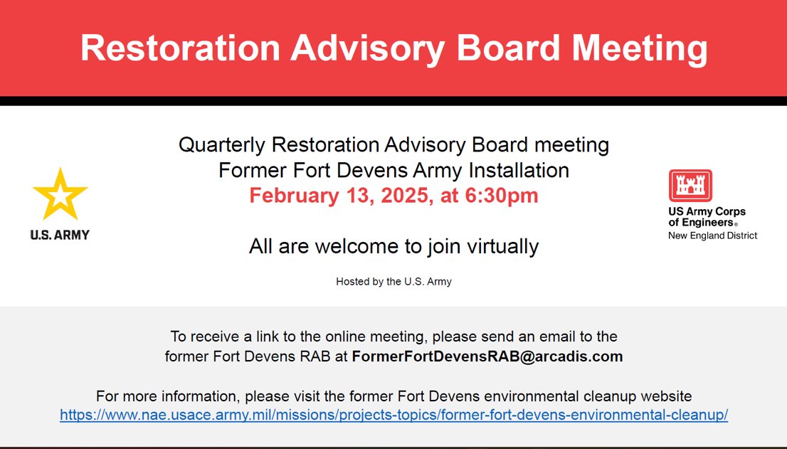 Devens Enterprise Commission (@devensec) on Twitter photo Virtual quarterly Devens Restoration Advisory Board meeting on February 13, 2025, at 6:30pm. Topics of discussion will include, PFAS investigation work, Shepley’s Hill Landfill, the 2025 Five-Year Review, and South Post updates. Sign up at FormerFortDevensRAB@arcadis.com Virtual quarterly Devens Restoration Advisory Board meeting on February 13, 2025, at 6:30pm. Topics of discussion will include, PFAS investigation work, Shepley’s Hill Landfill, the 2025 Five-Year Review, and South Post updates. Sign up at FormerFortDevensRAB@arcadis.com