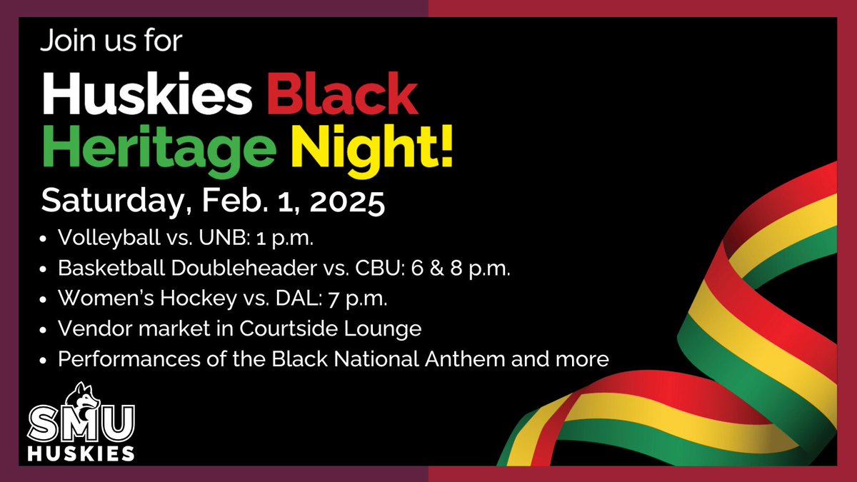 SMUHuskies's tweet photo. Saint Mary's University Department of Athletics is proud to announce its annual celebration of Black Heritage Month this February, including our Black Heritage Night triple-header on Saturday, February 1st.

Full story: https://t.co/wAb6yap7yg https://t.co/awpQAR7F6C