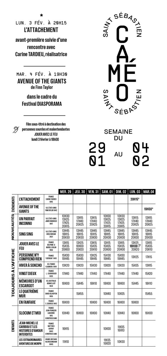 Les horaires des séances pour la semaine du 29 janvier au 4 février

#Nancy