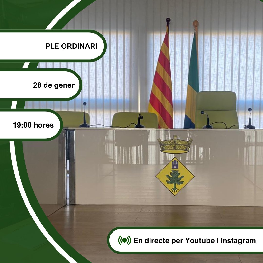 📌 PLE ORDINARI.

👉 Us informem de la celebració del Ple Ordinari a la sala de plens de l'Ajuntament demà dimarts 28 de gener a les 19h.

👉 Canal de YouTube: youtube.com/@ajuntamentllo…

👉Instagram municipal: instagram.com/ajuntamentllor…

#AjuntamentLlorenç #LlorençdelPenedès