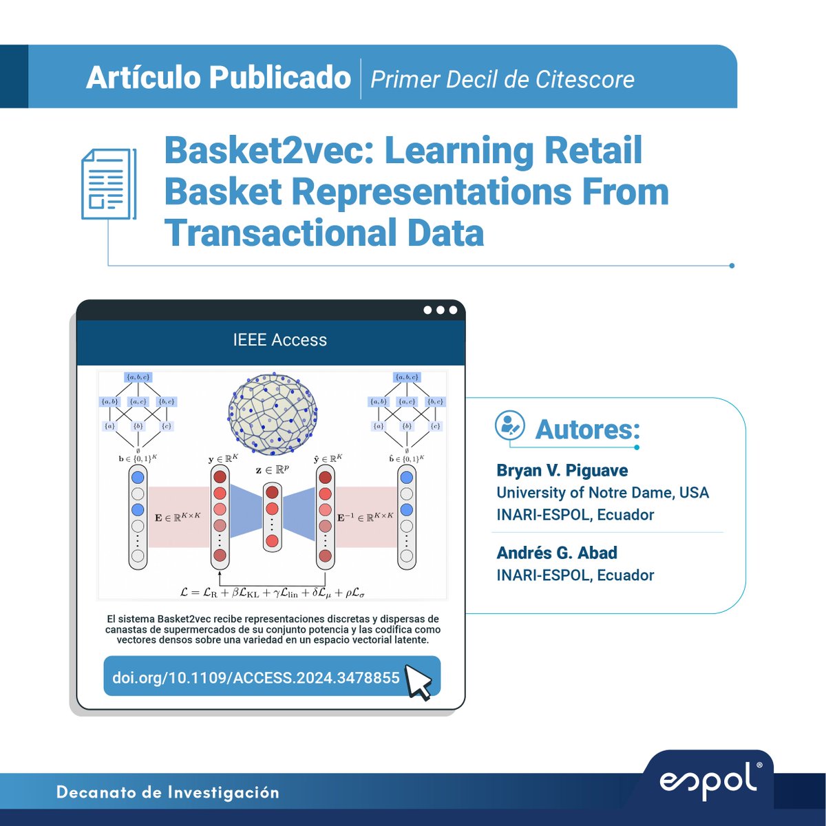 Destacamos artículo de primer decil sobre Basket2vec, un sistema que usa deep learning para optimizar predicciones, recomendaciones y segmentaciones en supermercados.

Lee más: ieeexplore.ieee.org/document/10714…
#ESPOLesCiencia