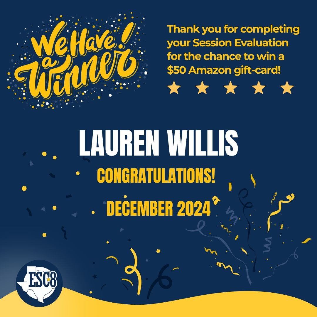 Your opinion matters! Please join ESC8 in congratulating Lauren Willis! 

Drawings are held monthly! Follow Region 8 ESC social media accounts and watch for your name!
#ServiceIsOurMiddleName