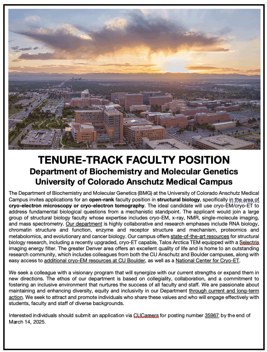 Matthew Taliaferro (@jmtali) on Twitter photo Come be our colleague! <a href="/CU_BMG/">Department of Biochemistry and Molecular Genetics</a> is running an open rank search for a structural biologist specializing in cryo-EM/ET. 
Apply here: cu.taleo.net/careersection/… Come be our colleague! <a href="/CU_BMG/">Department of Biochemistry and Molecular Genetics</a> is running an open rank search for a structural biologist specializing in cryo-EM/ET. 
Apply here: cu.taleo.net/careersection/…