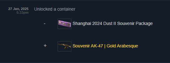 I have officially unboxed/dropped every rare thing possible.
Souvenir AK-47 Gold Arabesque MW 0.09
Quickopened within 9 Packages